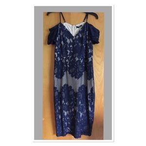 Navy lace dress with light tan liner.